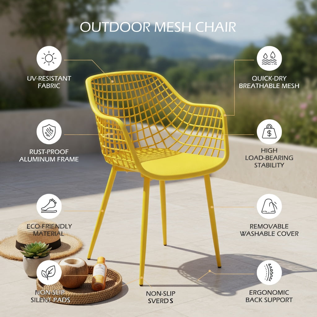 Hommoo 3-Piece Outdoor Patio Chair Set with PP Seat & Coffee Table, Metal Bistro Set for Backyard, Balcony, Poolside, Yellow