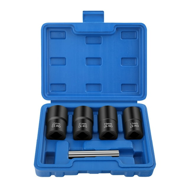 yeacher 5-Piece Reverse Thread Socket Set with Anti-Slip Design for Removing Damaged/Rusty/Stripped Nuts, Includes 17mm, 19mm, 21mm, 22mm Sockets, Iron Bar, and Blue Storage Case, Chrome-Vanadium