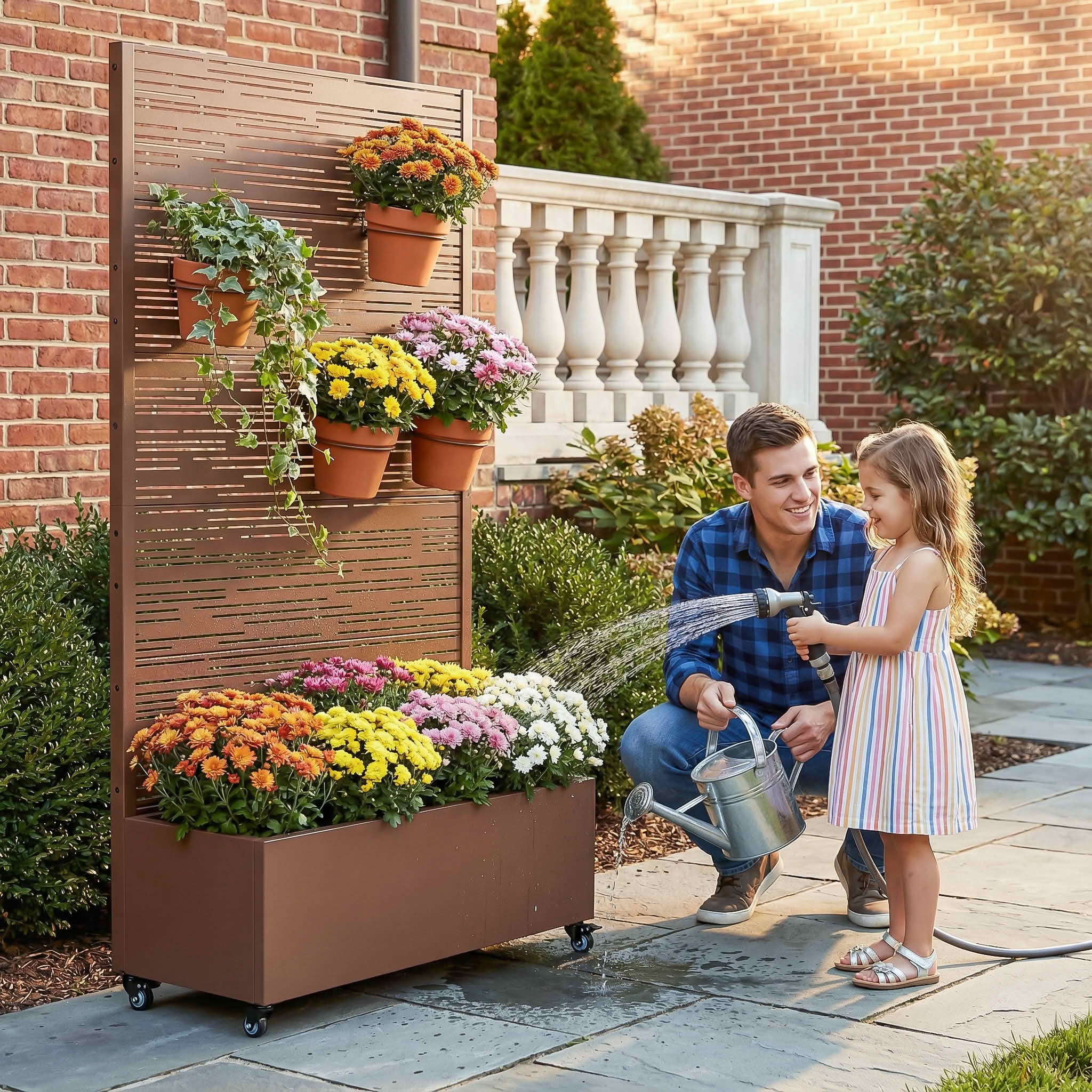 MAYEERTY 72X35" Metal Outdoor Brown Privacy Screen with Planter Box for Backyard & Garden, 5 Piece Set