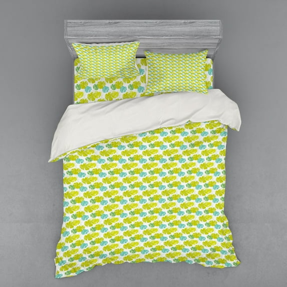 Floral Duvet Cover Set, Repetitive Monstera Leaves Calming Green Tones Illustration Exotic Island, Bedding Set with Shams and Fitted Sheet, 3 Sizes, by Ambesonne