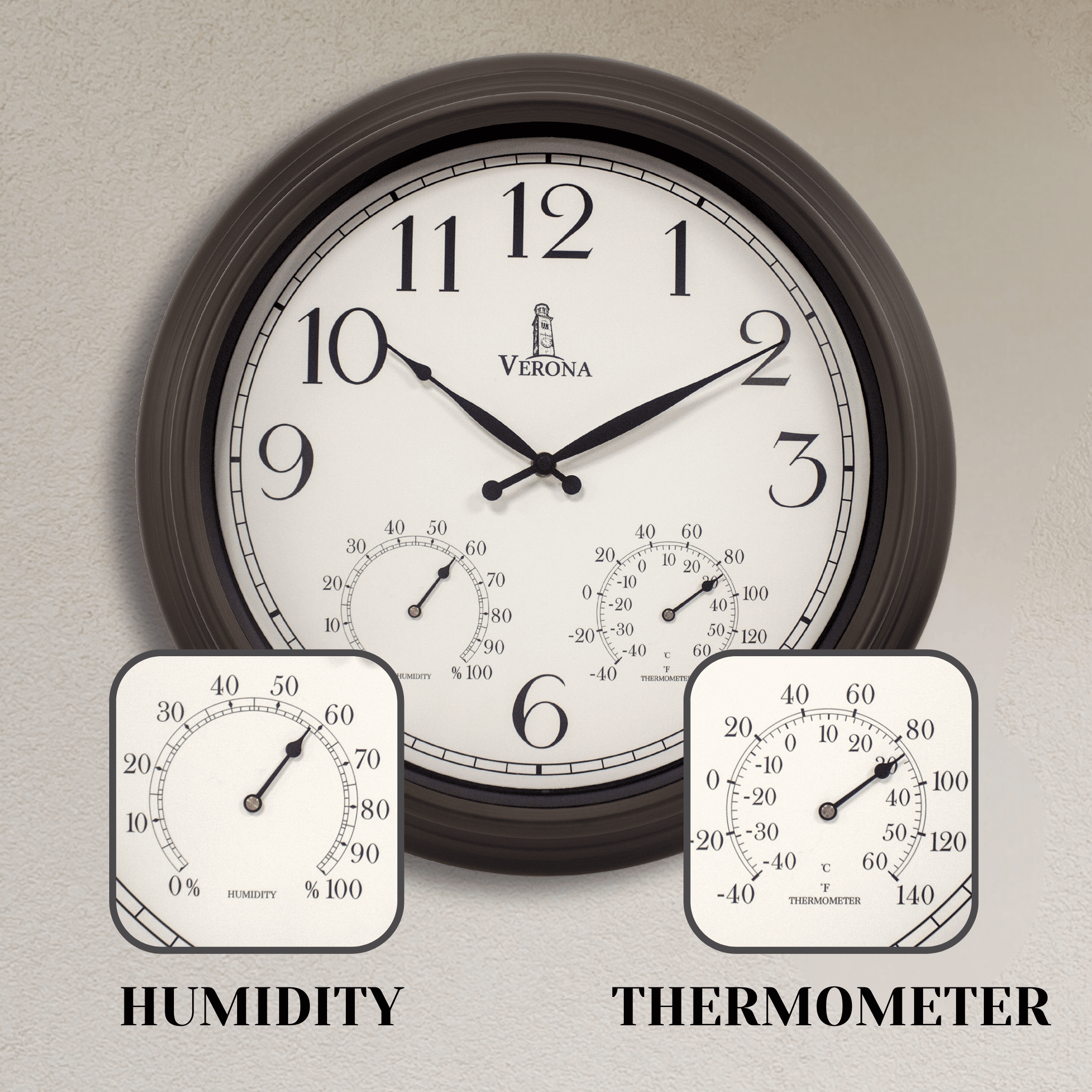 Outdoor Clock for Patio Large Waterproof with Thermometer - Black 18 inch Indoor Outdoor Clock with Temperature and Humidity for Wall - Weatherproof, Accurate & Easy to Read for Pool, Patio & Garden