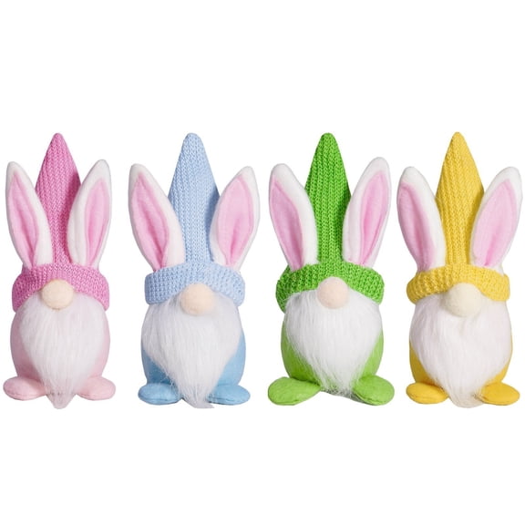 Set of 4 Easter Bunny Gnomes with Knit Hats Spring Home Decor, Handmade Plush Figurines for Festive Decoration
