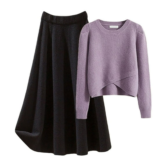 Skirt Sets Women 2 Piece Outfits Plus Size Wedding Ribbed Crewneck Pullover and Elastic Waist Skirt Sets Travel Clothes (Black1, Large)