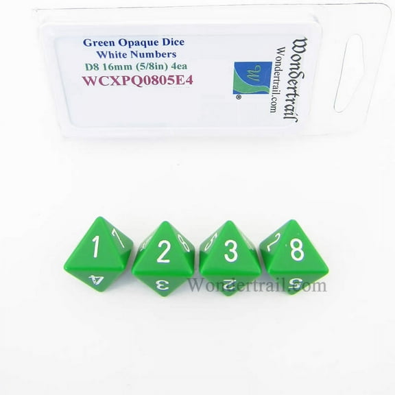 Green Opaque Dice with White Numbers D8 Aprox 16mm (5/8in) Pack of 4 Wondertrail