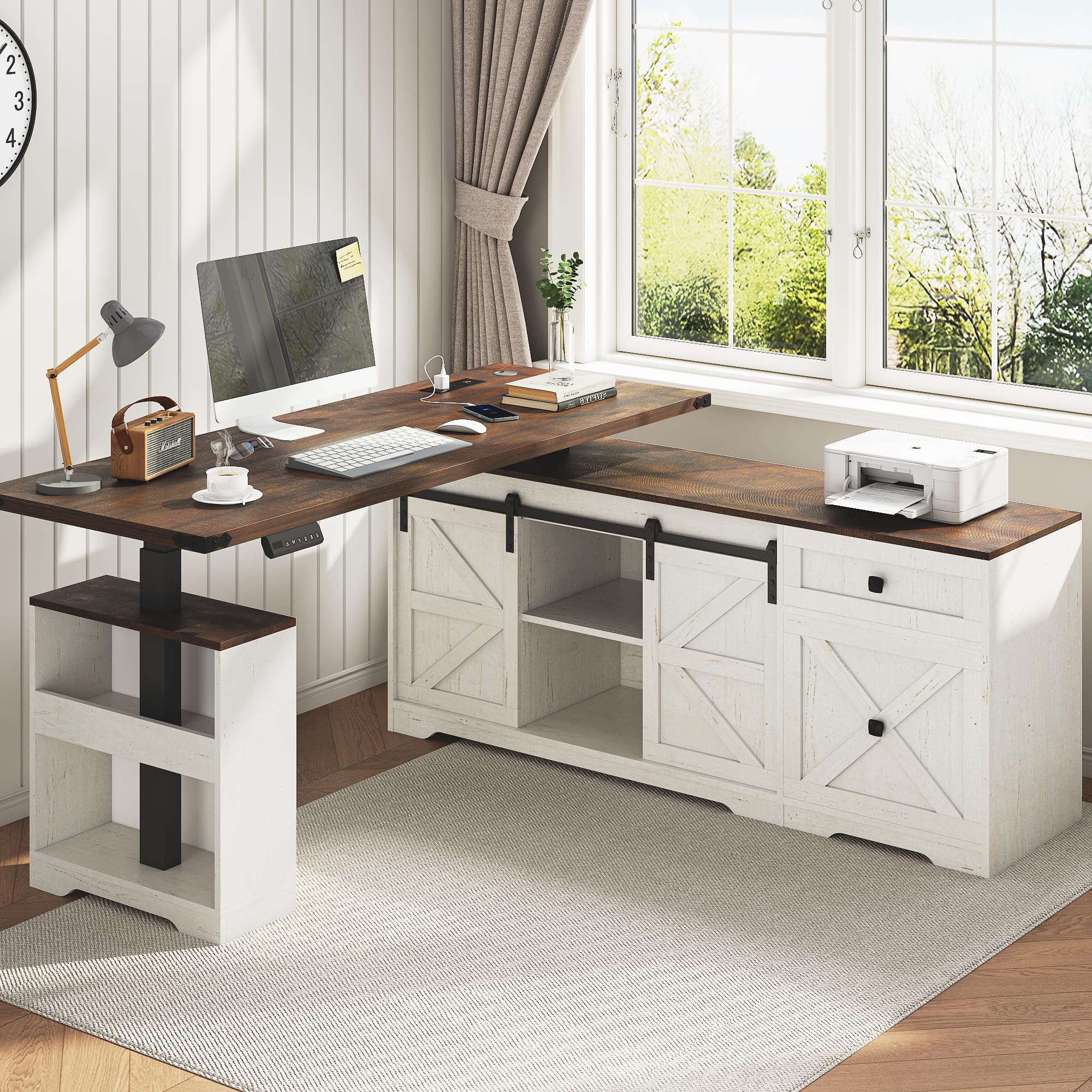 ChVans 63" Farmhouse L Shaped Electric Standing Desk with Power Outlets, 47.2" Tall Height Adjustable Sit Stand Corner Computer Desk with 2 Drawers, Cup Holder, Sliding Door Storage for Home Office