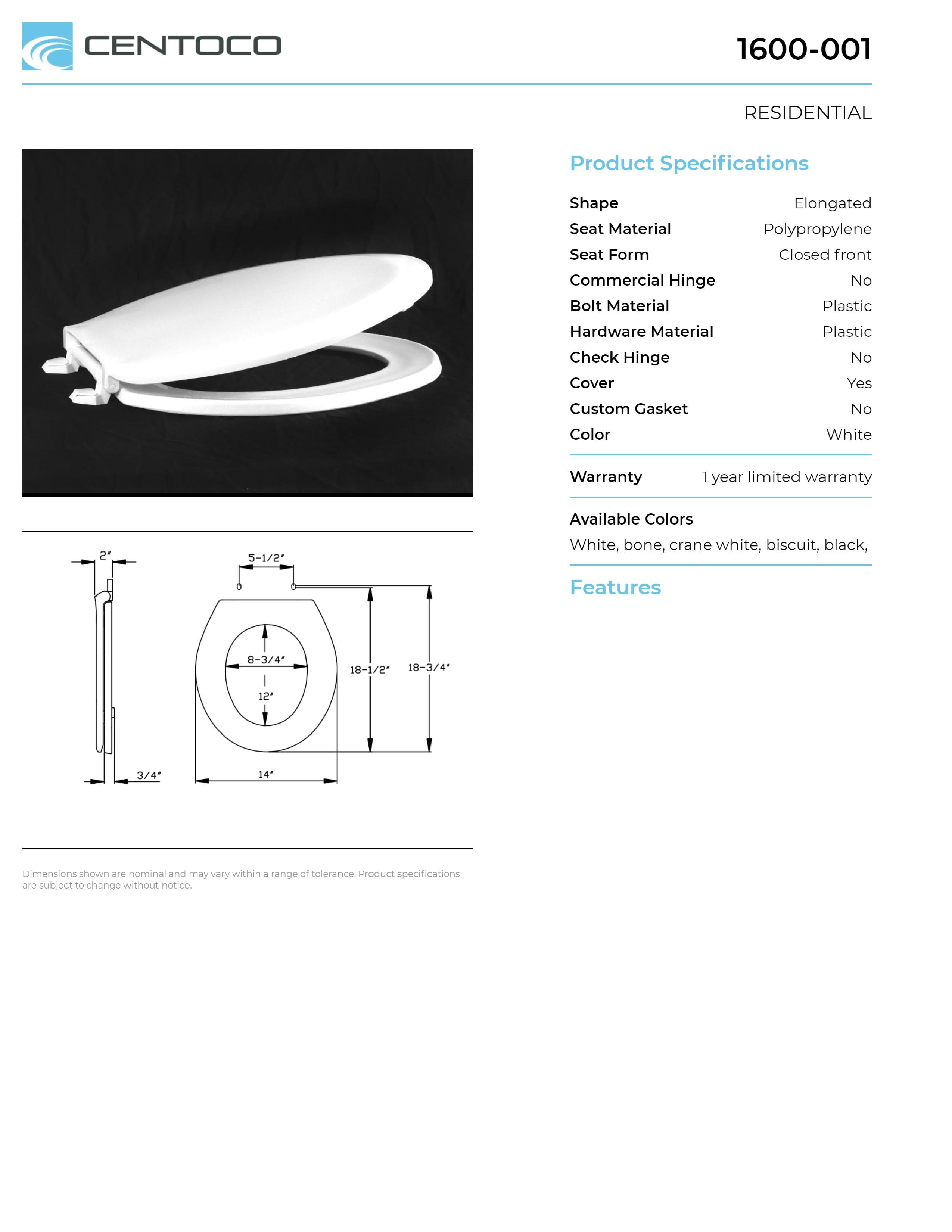 Centoco 1600-416 Elongated Plastic Toilet Seat, Standard Model, Light Weight Residential, Biscuit