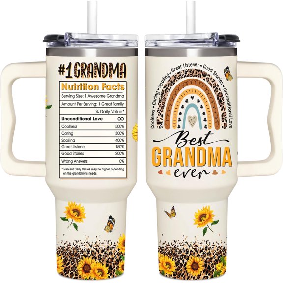 Grandma Gifts From Granddaughter, Grandson - Christmas, Birthday Gift - Best Grandma Ever Sunflower Tumbler With Handle & Straw 40oz