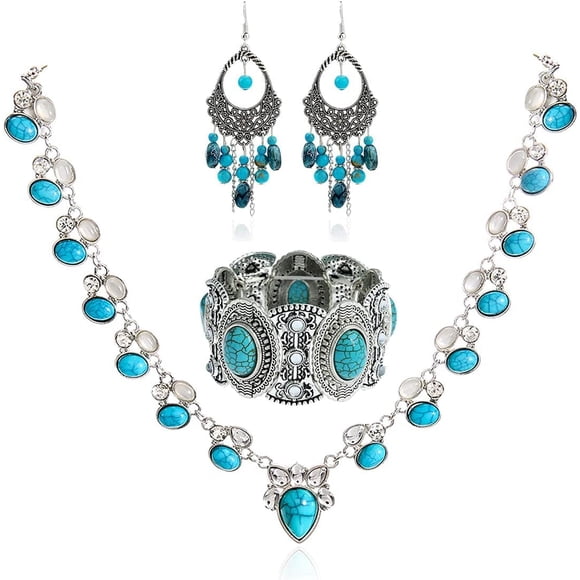 ORUYROP Turquoise Bracelet Necklace Earrings Vintage Charm Jewelry Set, Bohemian Western Jewelry for Women