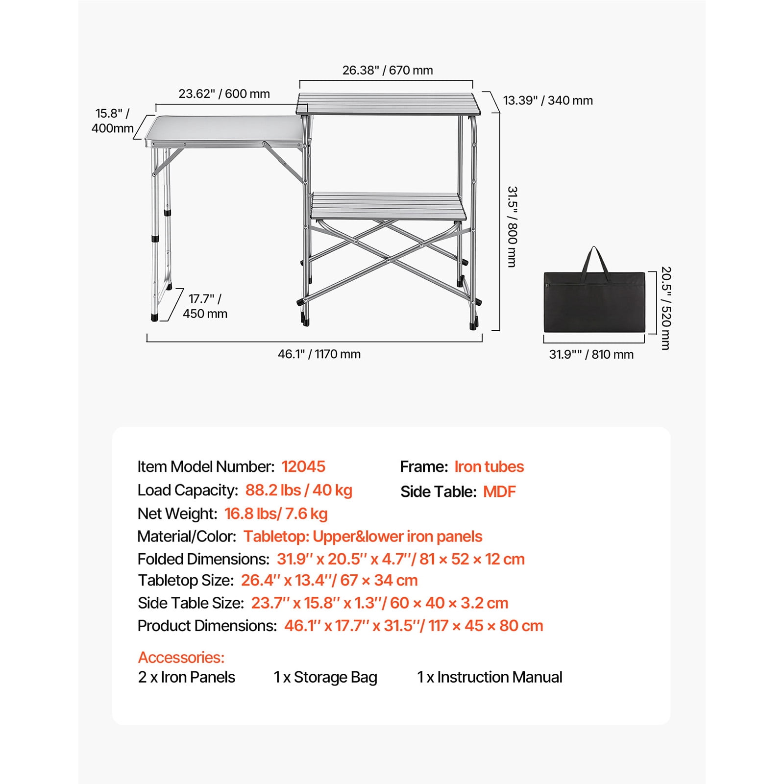 KFFKFF Portable Camping Kitchen Table with Foldable Design, Heat-Resistant Surface, Side Table, and Carry Bag, Perfect for Outdoor Cooking, Picnics, BBQs, and RV Adventures