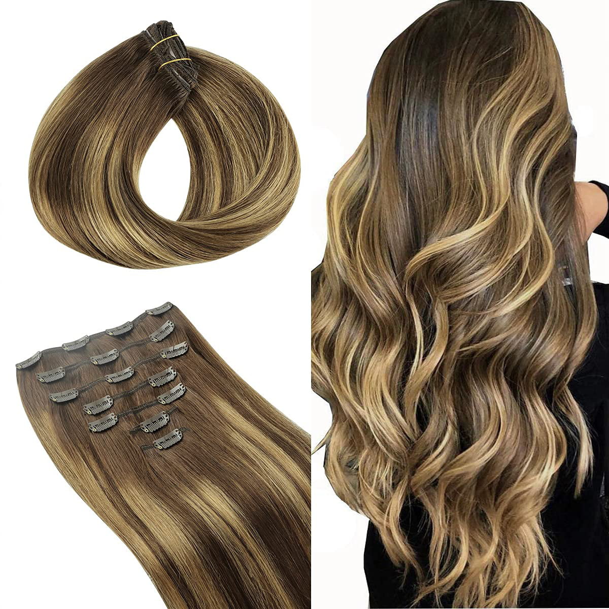 Clip in Hair Extensions, hotbanana Balayage Chocolate Brown to Caramel  Blonde Clip in Hair Extensions Real Human Hair Straight Remy Hair 22 inch  120g 7pcs 