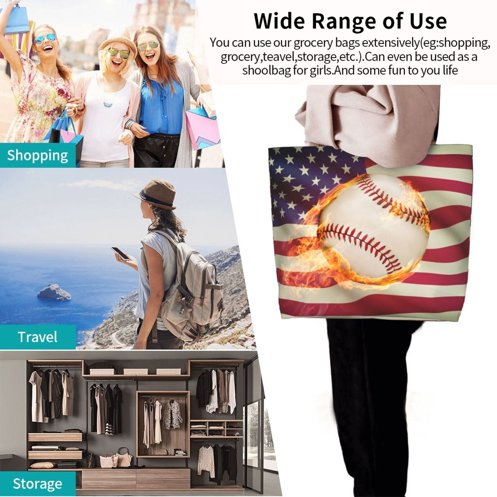Naloa Baseball Ball With Flag Tote Bag for Women Large Capacity Shoulder Bag for College Work Travel Shopping