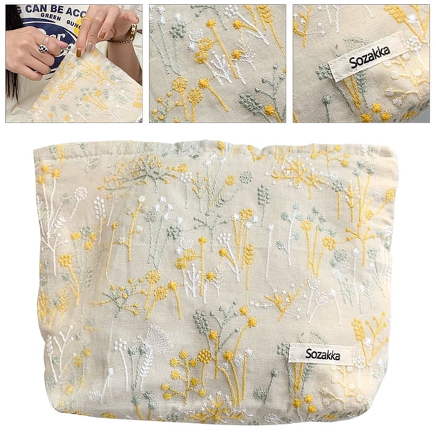 Caja de maquillaje con flores bordadas, bolsa de lavado portátil para regalos navideños (beige)