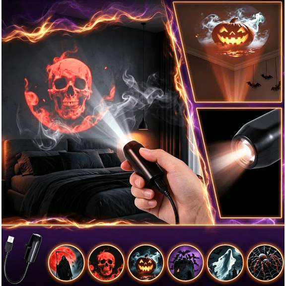 Halloween HD Star Projector with 6 Discs USB Plug and Play, Wall Ceiling Projection Light, Compact USB Projector Lamp for Halloween Indoor Atmosphere Creation
