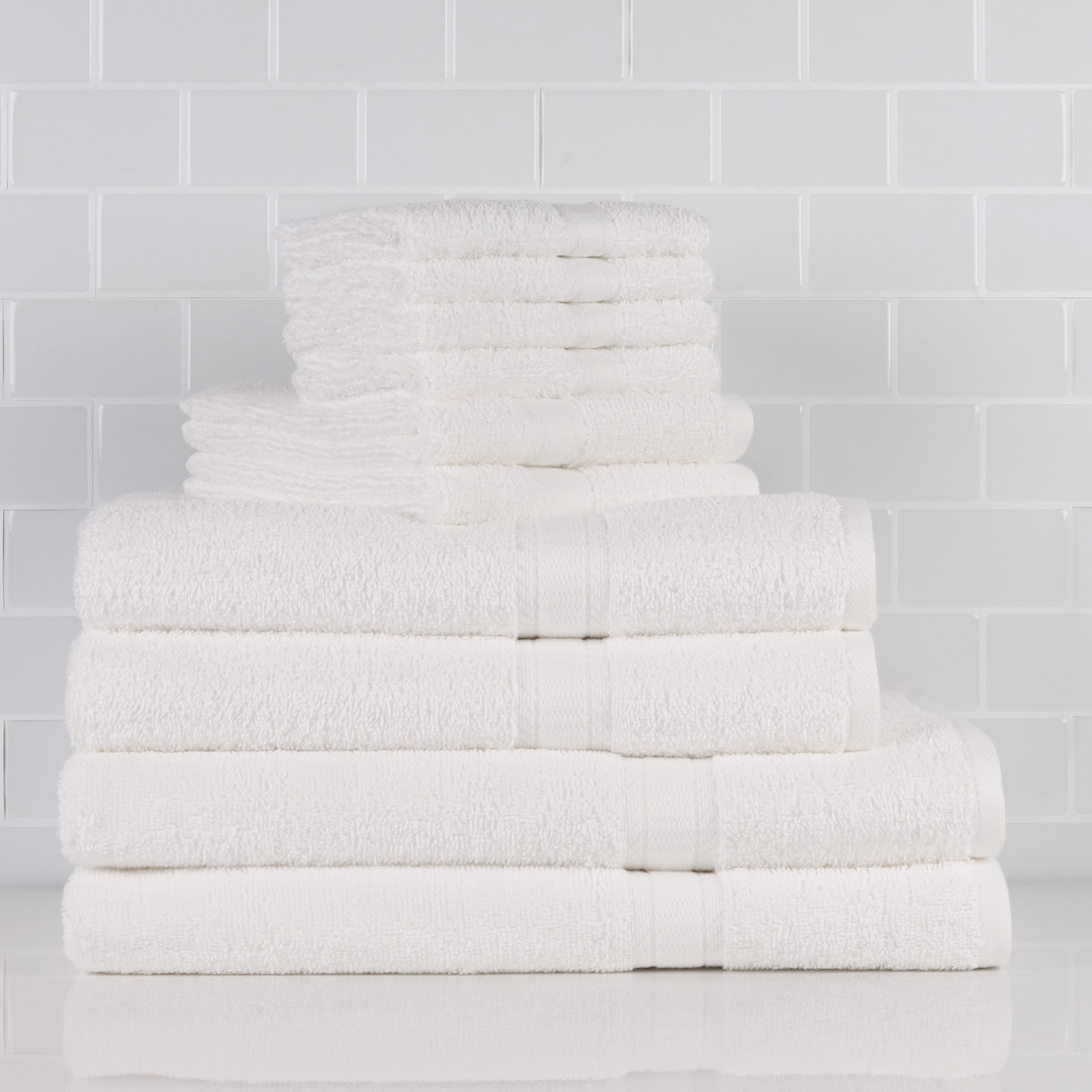 Mainstays 10 Piece 100% Cotton Towel Set, 2 Bath Sheets, 2 Bath 2 Hand and 4 Washcloths, Super Soft and Highly Absorbent Basic Solid Towel Set for Bathroom, Hotels, Spa and Gym – White