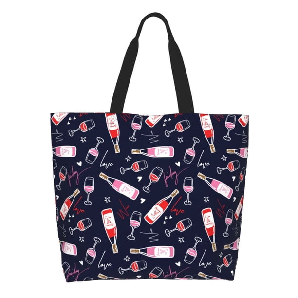 Fotbe Love Wine Bolsa Tote Estética de Lona con Estampado para Mujer - Bolsa Reutilizable de Hombro Casual para Vacaciones, Compras, Trabajo y Gimnasio