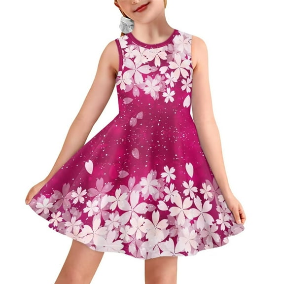 Renewold Comfortable Pink Tank Swing Dress Cherry Blossom Kids Dresses for Girls Size 11-12Y Trendy Sleeveless Midi Dress Skin Friendly Flare Skater Dress