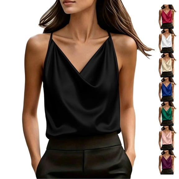 TGSLY Women's Silk Satin Camisole Silky Soft Cowl Neck Solid Color Shirts Lightweigh Thin Loose Casual Spaghetti Straps Sleeveless Tank Tops L