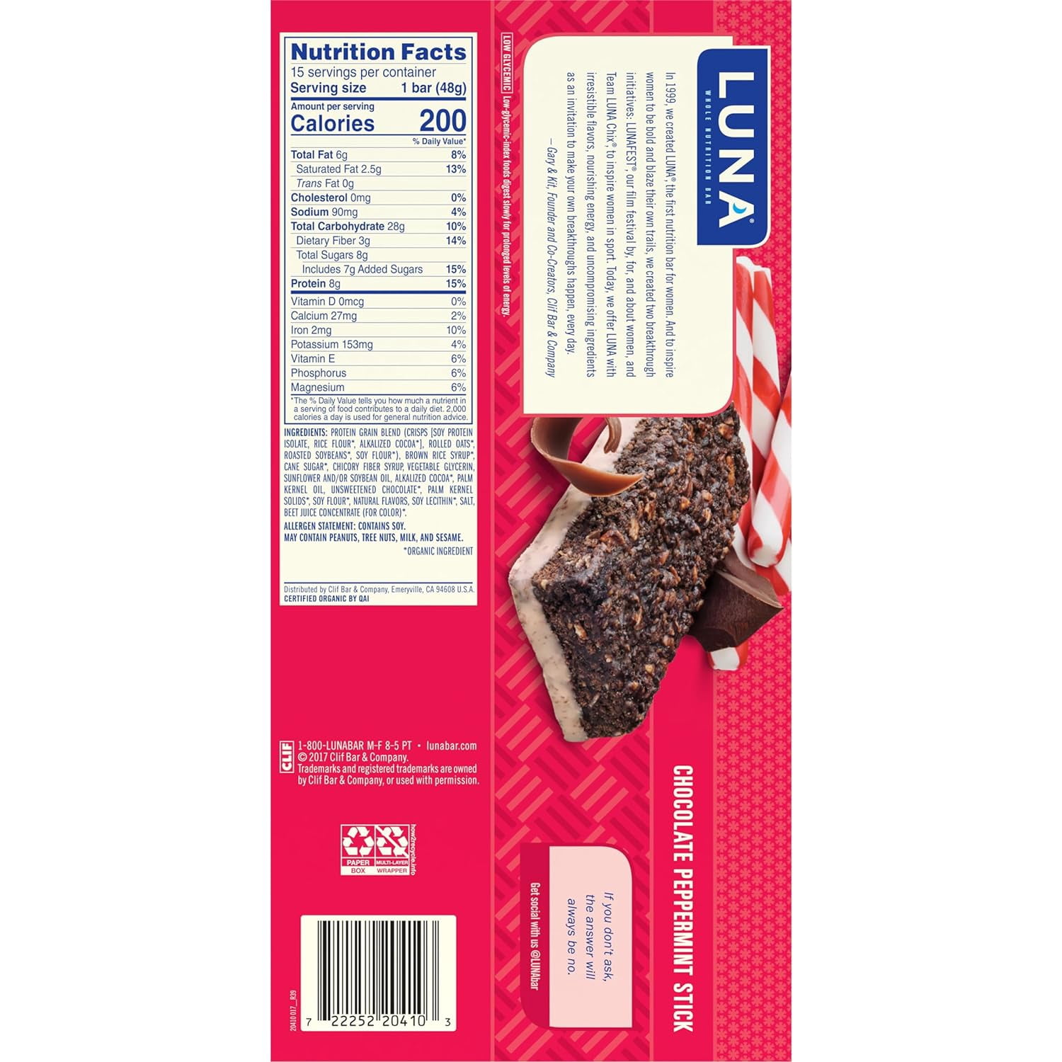 Luna Bar - Chocolate Peppermint Stick - Whole Nutrition Snack Bars - 1.69 oz (15 Count)