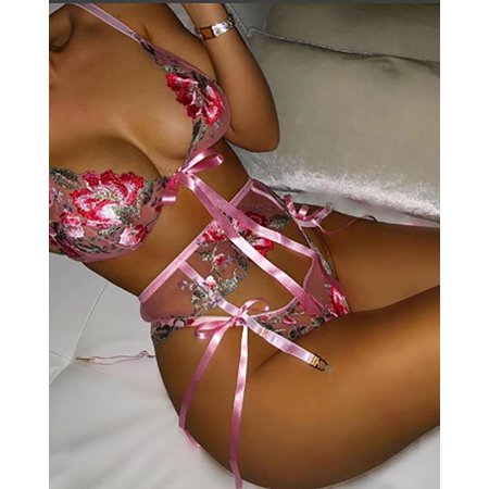 

Nokiwiqis Women Floral Embroidery Lingerie Set with Ribbon Deep V-neck Underwear Comfortable Mesh Bra Panties S-XL
