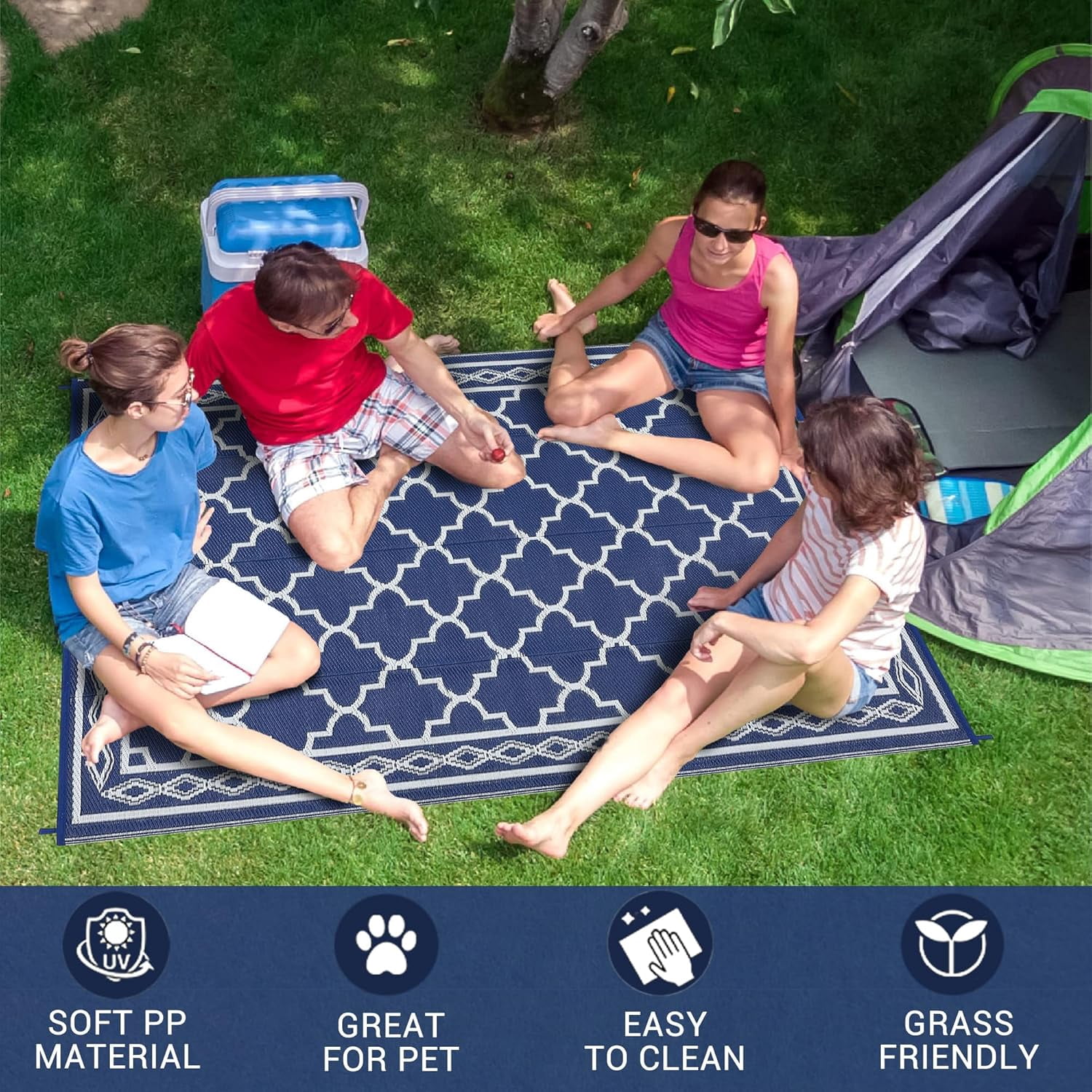 Memoryfield Waterproof Outdoor Rug 8x10ft for Patios, Plastic Straw Rug Outside Carpet Mats for Picnic, Backyard, Deck, Balcony, Porch, Beach, Dark Blue & White