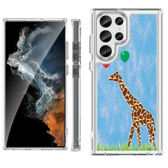 Shockproof Bumper Phone Case for Samsung Galaxy S23 Ultra 5G, by OneToughShield ® - Giraffe/Balloon