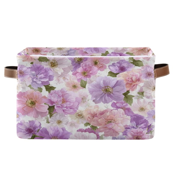 1-Pack Square Closet Organizers with Handles Open Basket Bins Lavender and Pink Flowers Storage Basket for Home Office