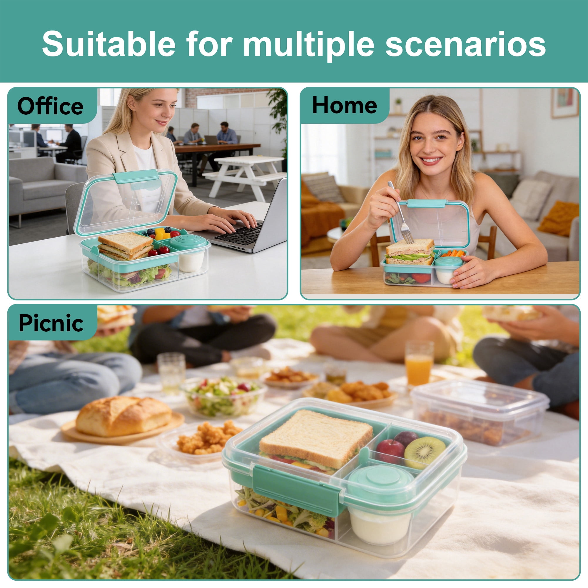 GARITIN Bento Box, Adult Lunch Bento Box, Plastic Lunch Box with Handle to Go, Lunch Containers for Adults, Portable Lunch Containers, Food Box Suit for Work Picnic Travel( 1.65 L )