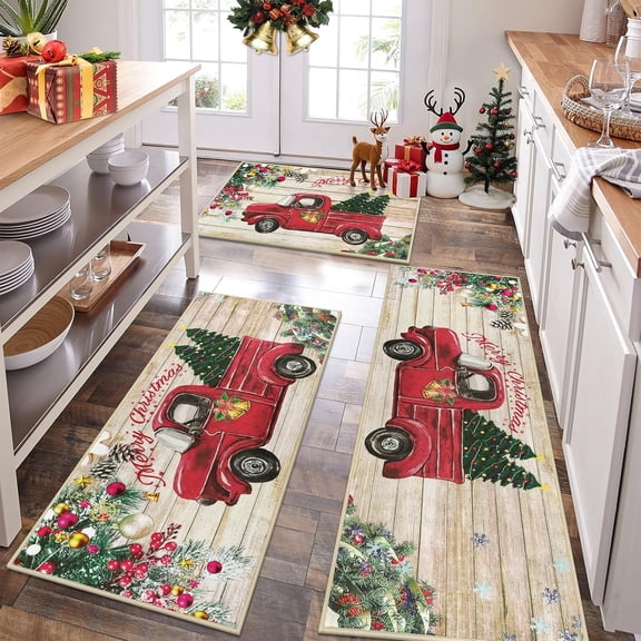 Christmas Kitchen Rugs Sets of 3, Non Slip Red Truck Christmas Rug for Kitchen, Farmhouse Kitchen Mats for Floor Washable Floor Carpet Set for Winter Xmas Holiday Decoration