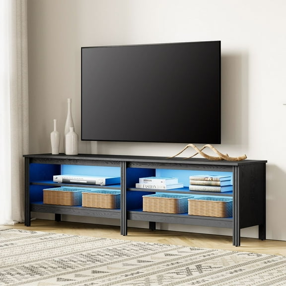 Fitueyes Mid-century Modern TV Stand for 75" TV, black Media Console with Open Shelves and LED Light for Living Room, 70 Inch