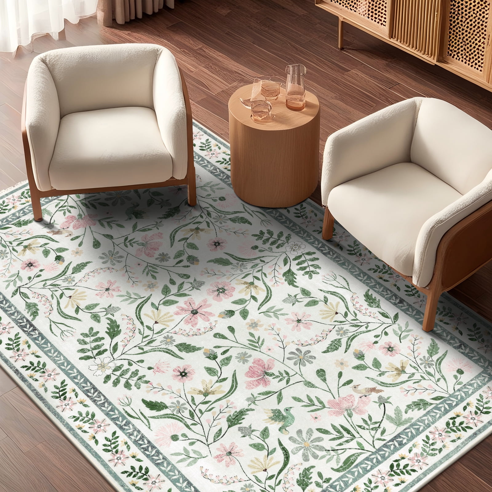 LOKHOM 9'x 12' Floral Washable Area Rugs for Living Room, Non Slip Low Pile Floor Carpet Soft Distressed Rug for Bedroom, Dining Room, Green