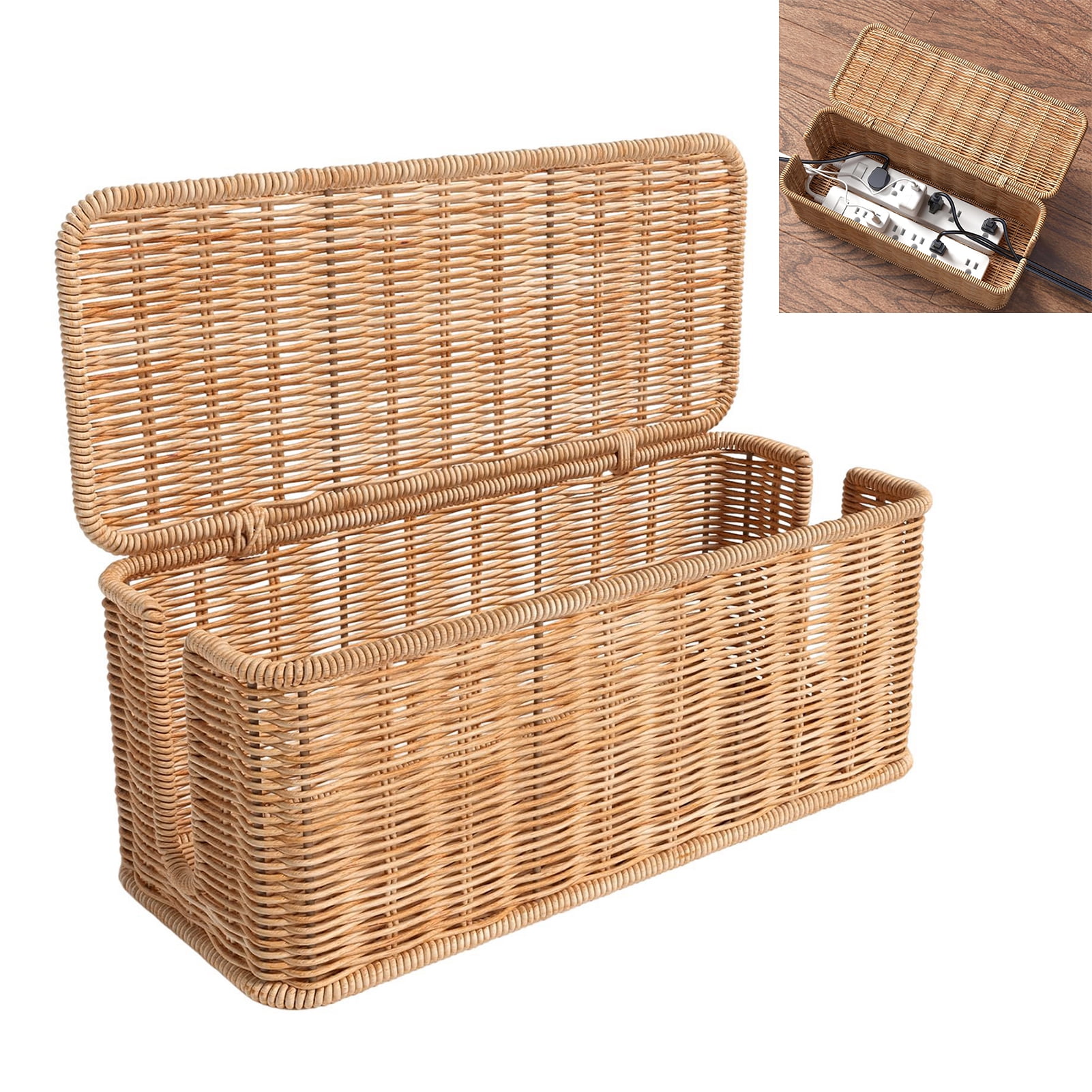 Yesbay Rattan Cable Management Box Handwoven Cord Organizer Basket with 2 Slots Power Cords Hidden Box