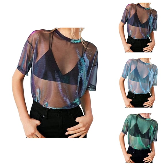 T Shirts for Women 2026 Summer Short Sleeve Metallic Shimmer Mesh See through Crewneck Tshirt Clubwear