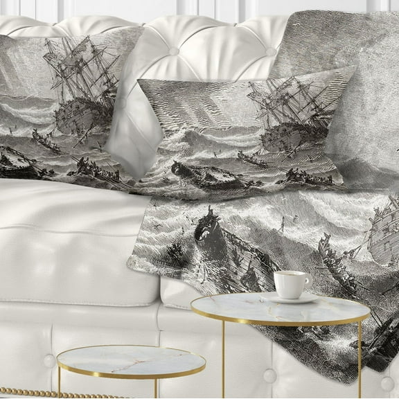 Designart Vintage Shipwreck - Seascape Throw Pillow - 12x20