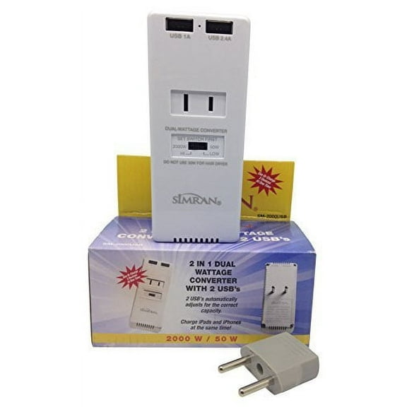 Simran SM-2000USB Voltage Converter with 2 USB Ports and 1-AC Outlet for 220V International Travel, 2000 Watt