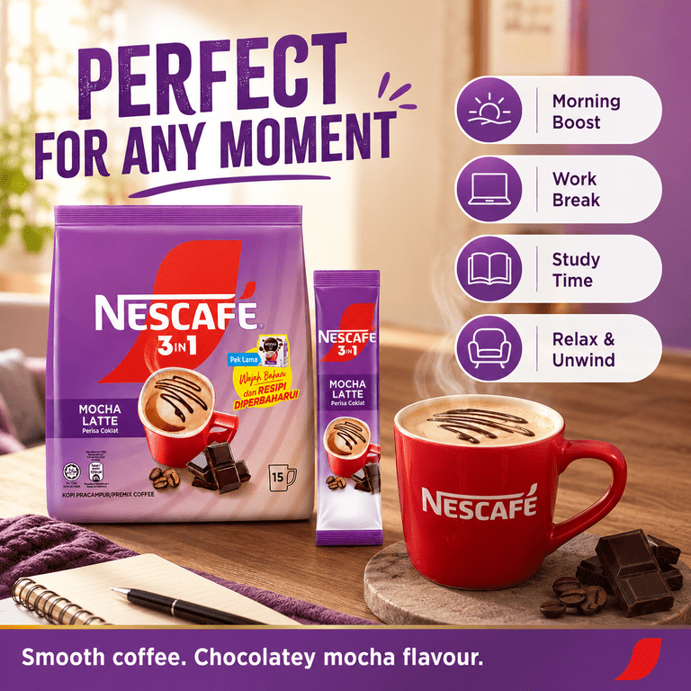 NESCAFÃ‰ 3 in 1 Mocha Coffee Latte, Instant Coffee Packets, Single
