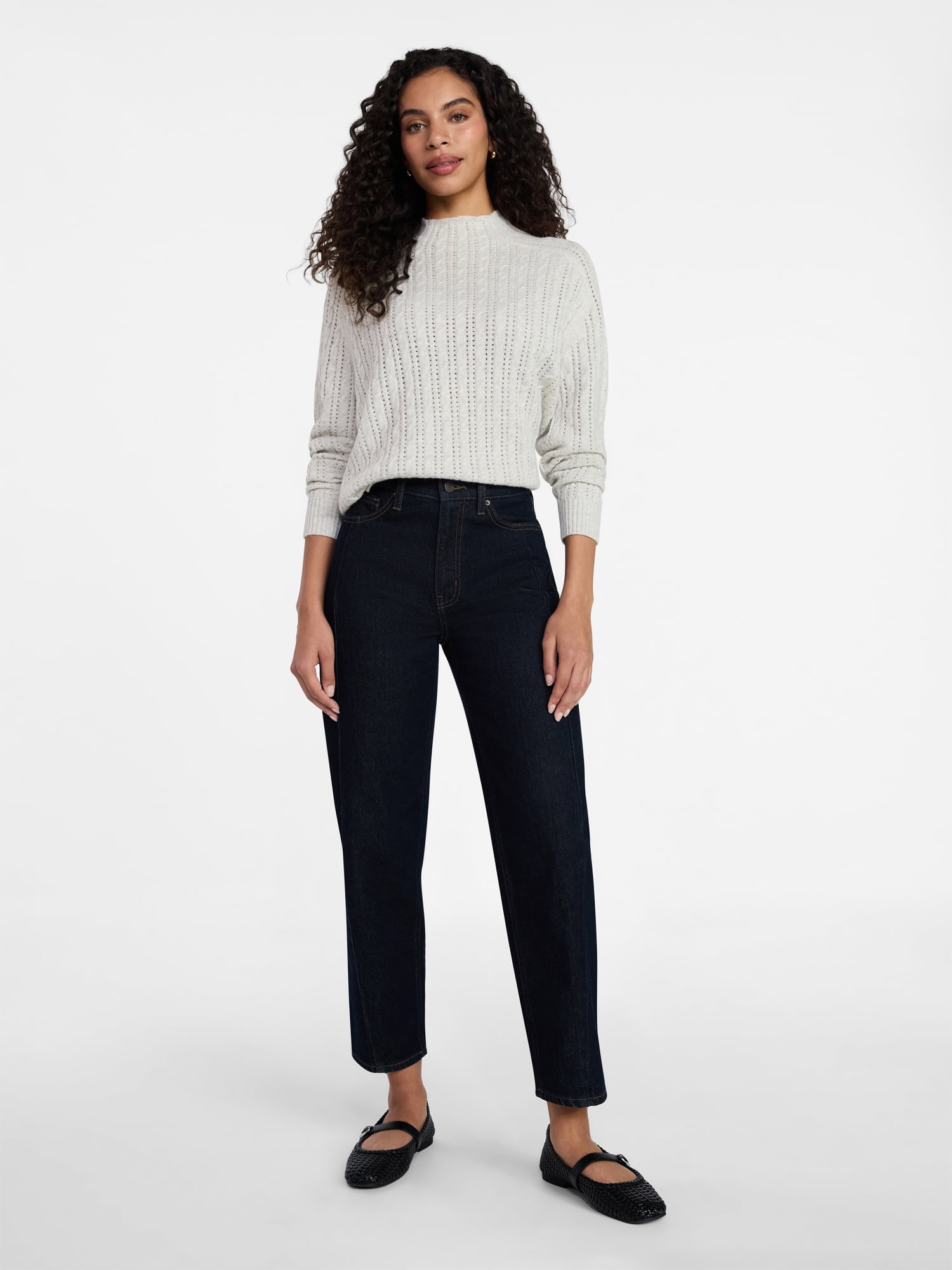 Time and Tru Women's Pointelle Mock Neck Sweater with Long Sleeves, Lightweight, Sizes, XS-XXXL