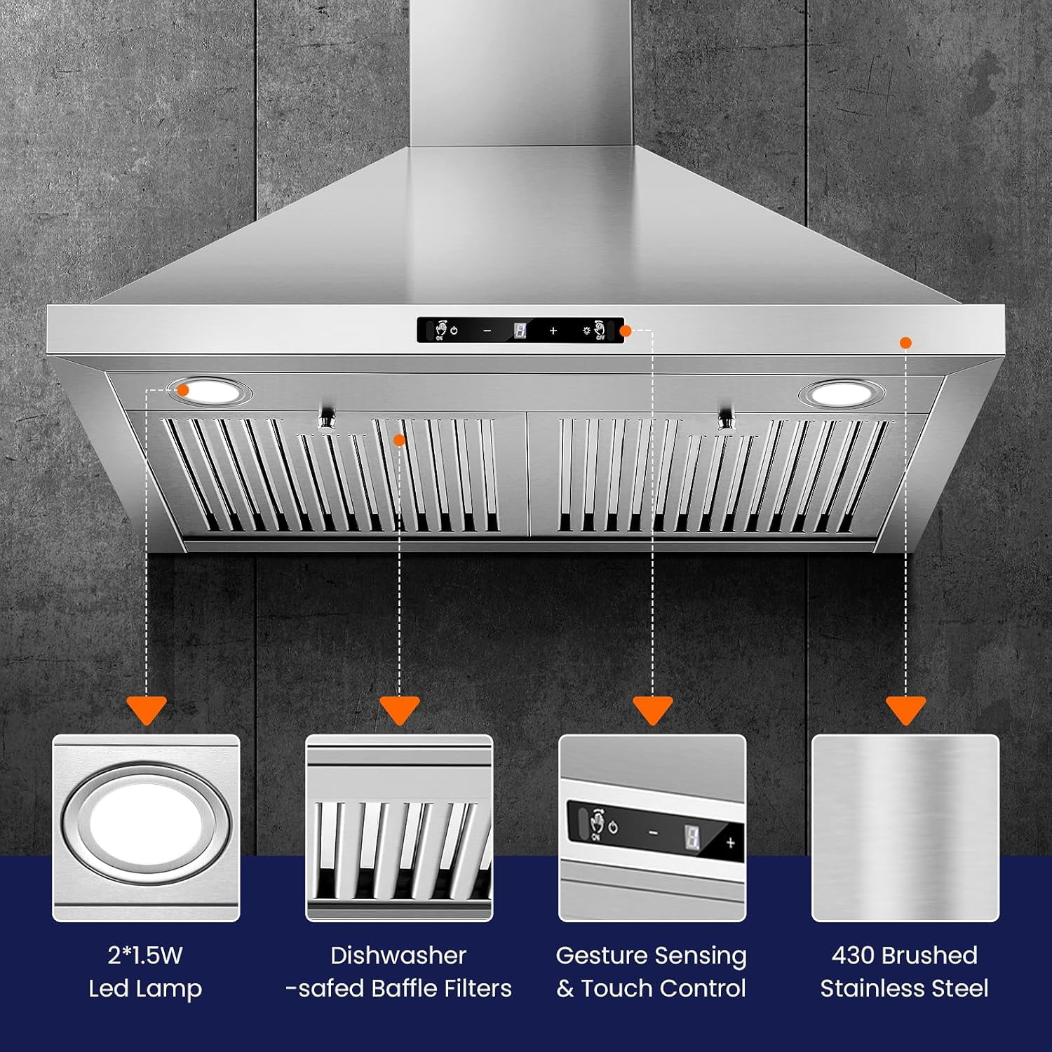 Wall Mount Range Hood 30 inch, 700 CFM Kitchen Hood Stainless Steel Stove Vent Hood with Gesture Sensing & Touch Control, Ducted/Ductless Convertible Duct, 3-Speed Fan, LED Lights, Baffle Filters