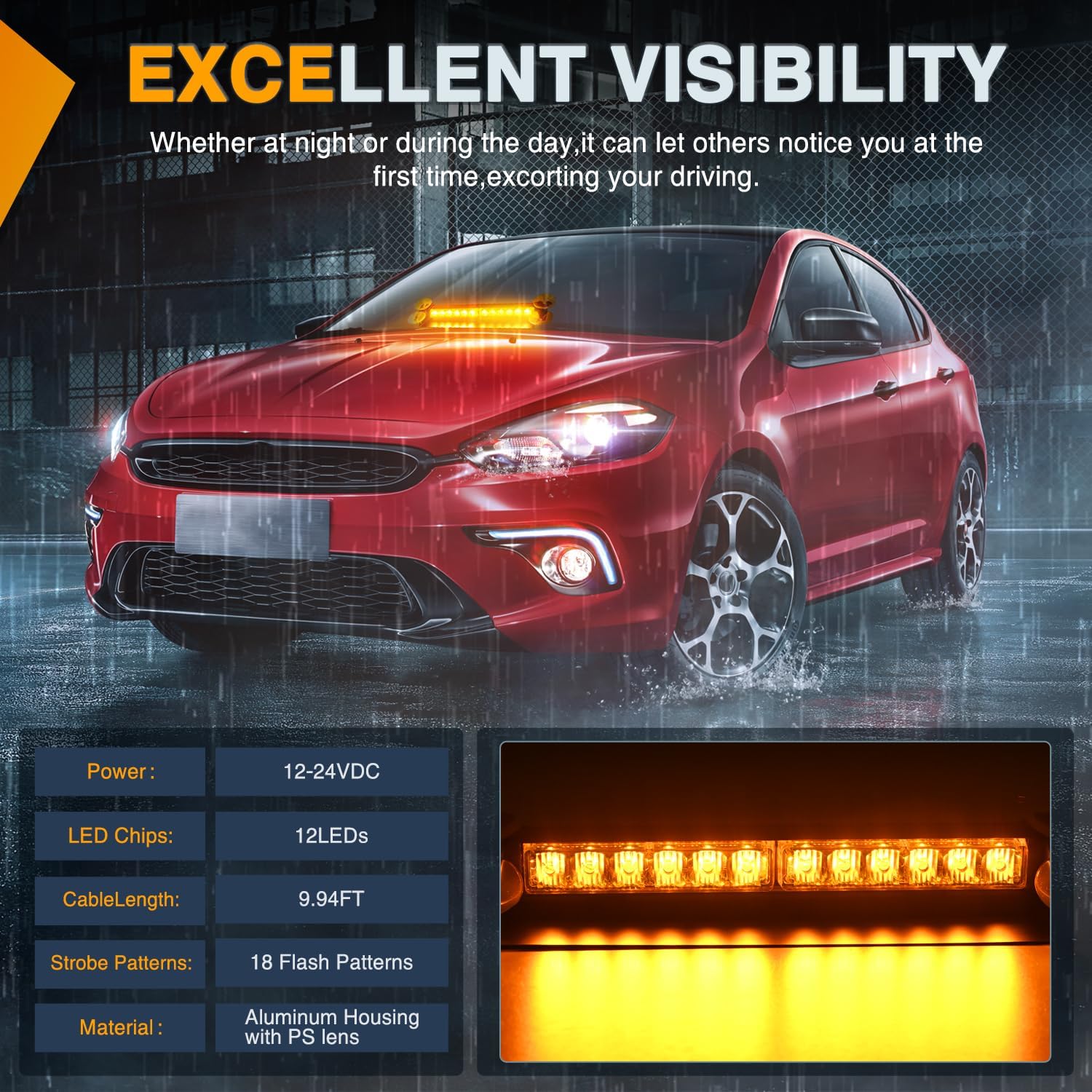 Nilight 12LED Traffic Advisor Strobe Light Bar Amber Emergency Warning Hazard Safety Dash Front/Rear Windshield Flashing Lights