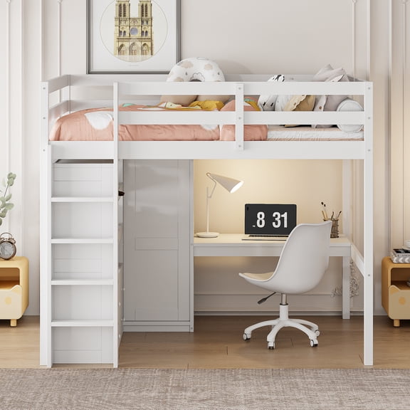 Full Size Loft Bed with Wardrobe & Desk, Wooden Loft Bed with Built-in Storage Shelves, 2 Drawers, Full Guardrail, Space Saving Bedroom Furniture,White