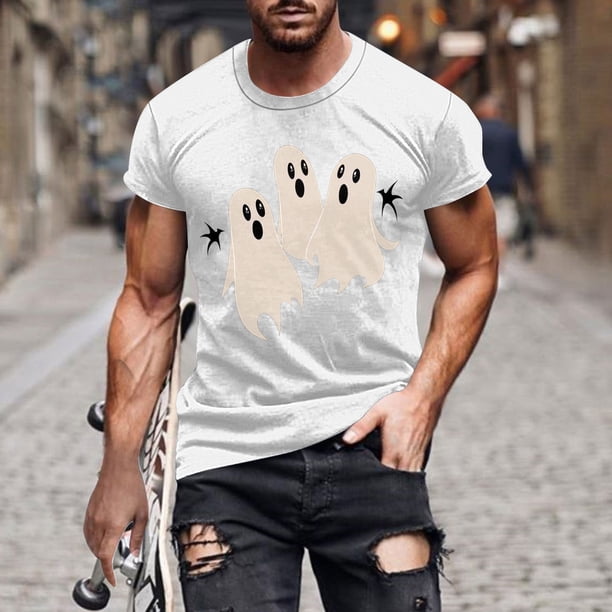 Blusas y camisas de manga corta y cuello redondo para hombre. Blusas/camisetas de manga corta con cuello redondo y estampado de Halloween para hombre. Blusa para hombre.