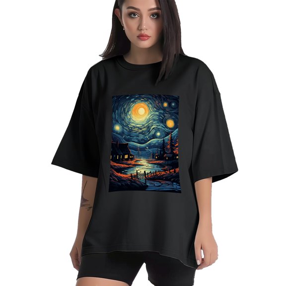 Plus Size Shirt for Women Black Tops for Women Short Sleeves Shirt for Women Night Sky T Shirt Crewneck Shirt for Women XS
