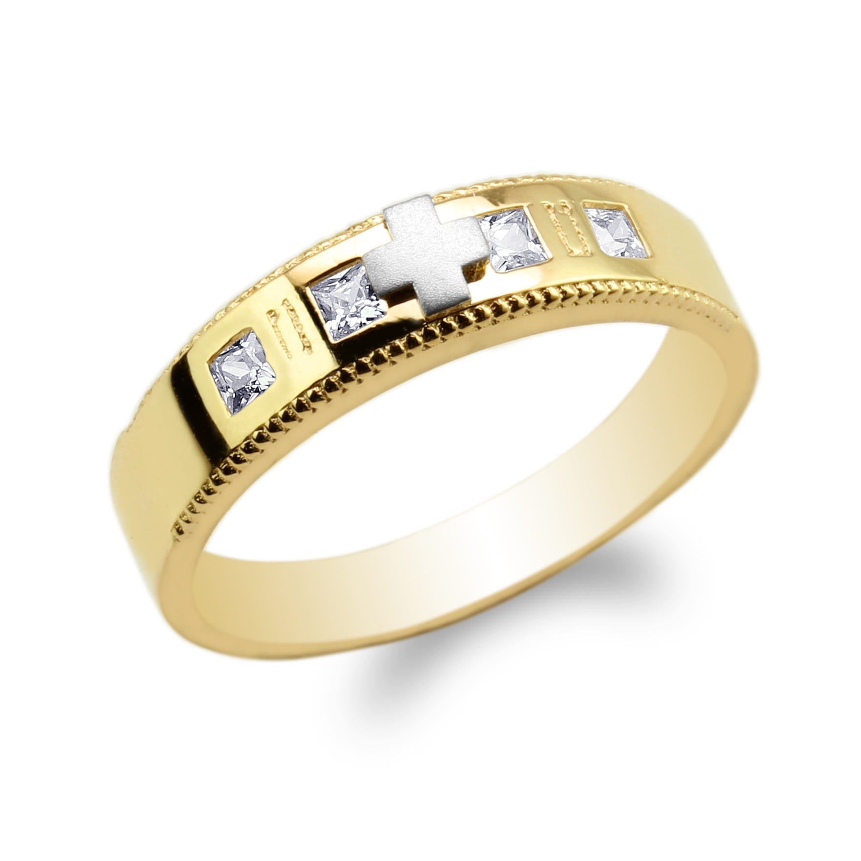 Womens 10K Yellow Gold Two Tone Princess CZ Embedded Cross Wedding Ring