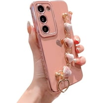 Samsung Galaxy S21 5g Phone Case with Heart Bracelet Chain Strap Luxury Plating Cute Love Hearts Cover with Aesthetic Hearts Hand Chain for Women Camera Protection Shockproof Bumper (Pink)