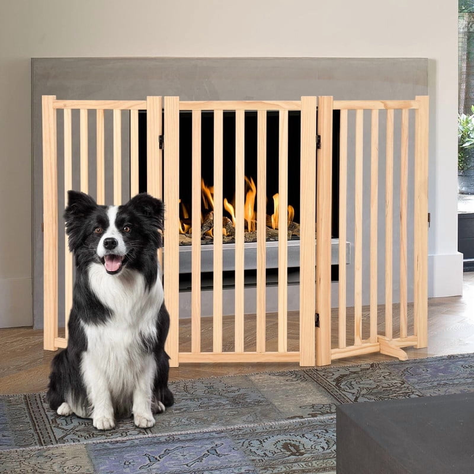 Towallmark 36 Inch Height 3 Panel Pet Gate, Freestanding Wooden Dog Gate, Folding Expandable Safety Barrier with Support Feet, Indoor Pressure Mount for Doorway Stairs Hallway, Solid Hardwood