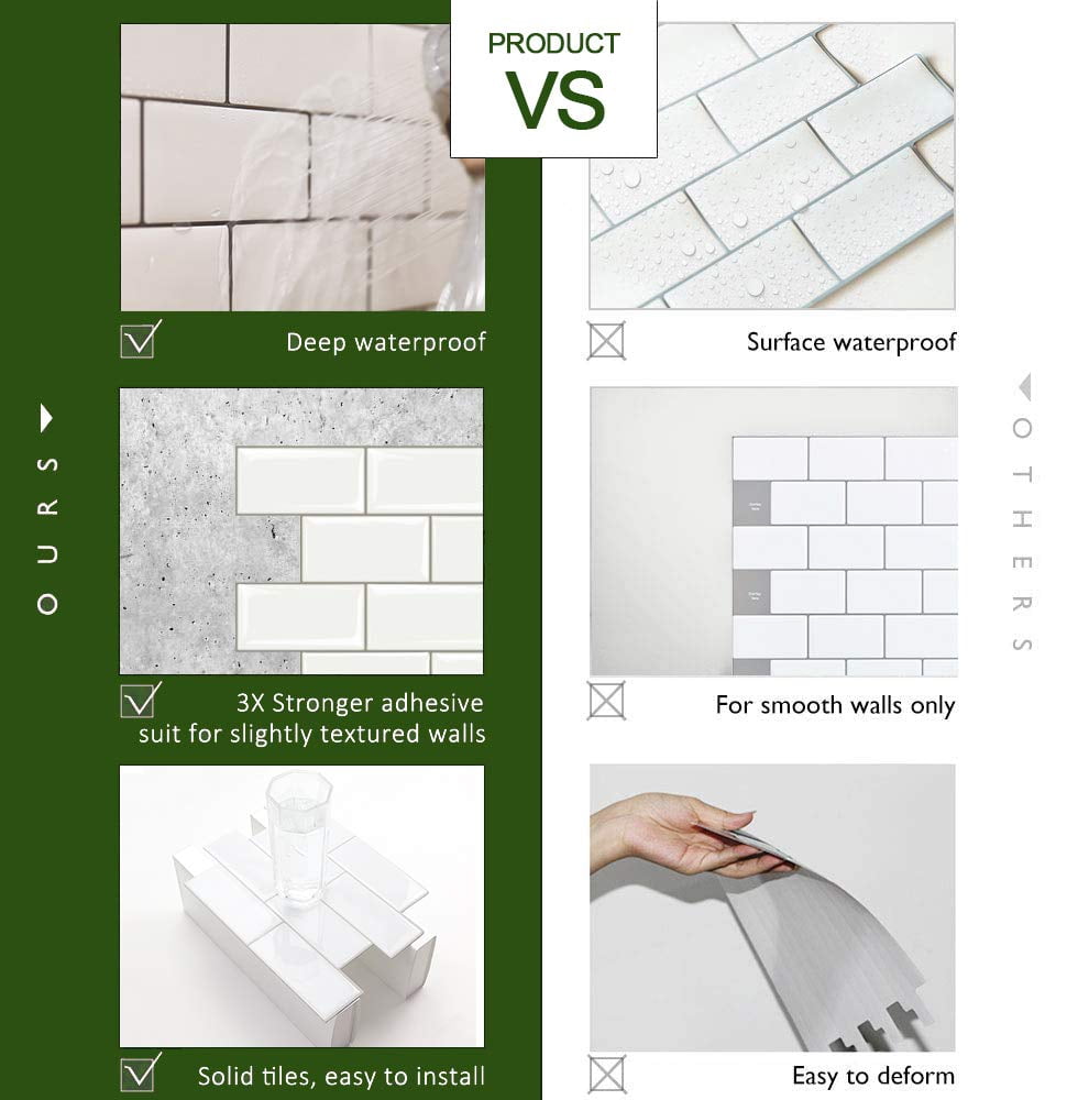 10-sheet Peel And Stick Subway Tile  On Tiles Backsplash For Kitchen & Bathroom In White (thicker Design)