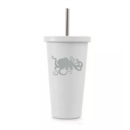 

16 oz Stainless Steel Double Wall Insulated Tumbler Pool Beach Cup Travel Mug With Straw Octopus And Tentacles (White)