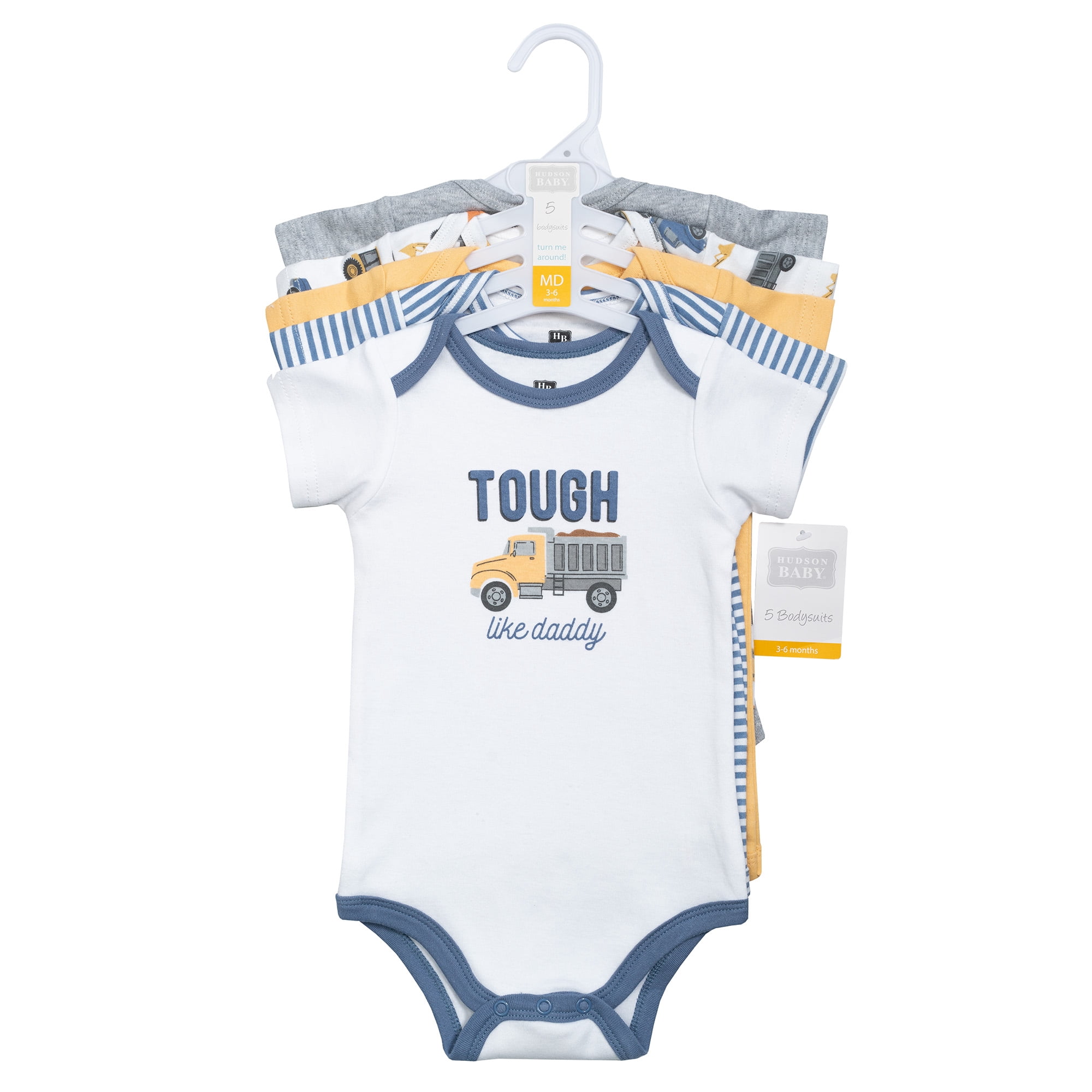 Hudson Baby Infant Boys Cotton Bodysuits 5-Pack, Blue Construction Trucks, Newborn