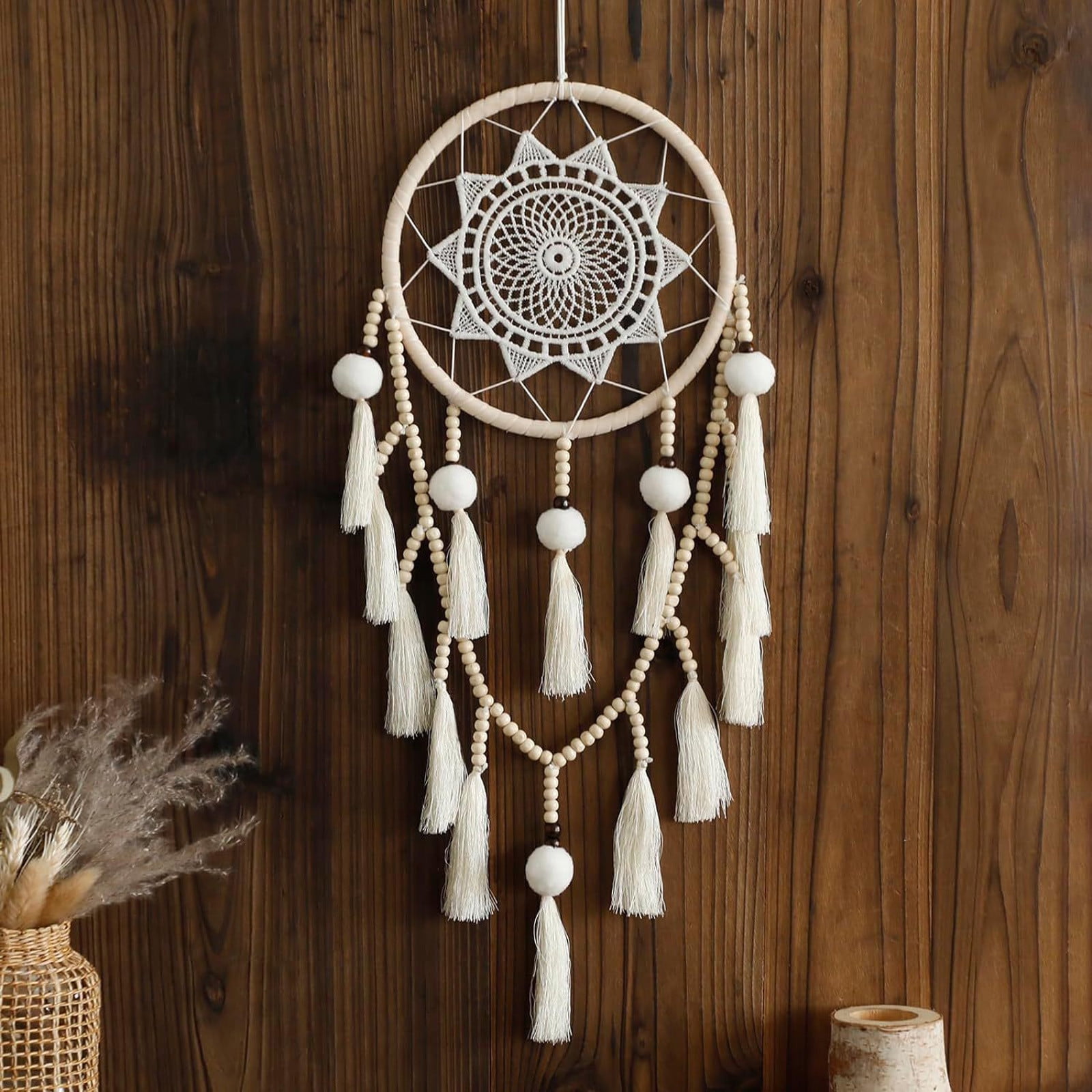 White Lace Dreamcatcher Home Decoration, Rvkxad Handmade Dream Catcher Wall Hanging, DIY Wool Tassel Pendant Wedding Decoration for Bedroom Living Room Balcony
