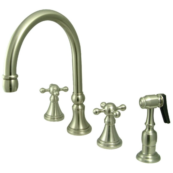 Kingston Brass KS2798KXBS Governor Double-Handle 4-Hole Widespread Kitchen Faucet with Brass Sprayer in Brushed Nickel