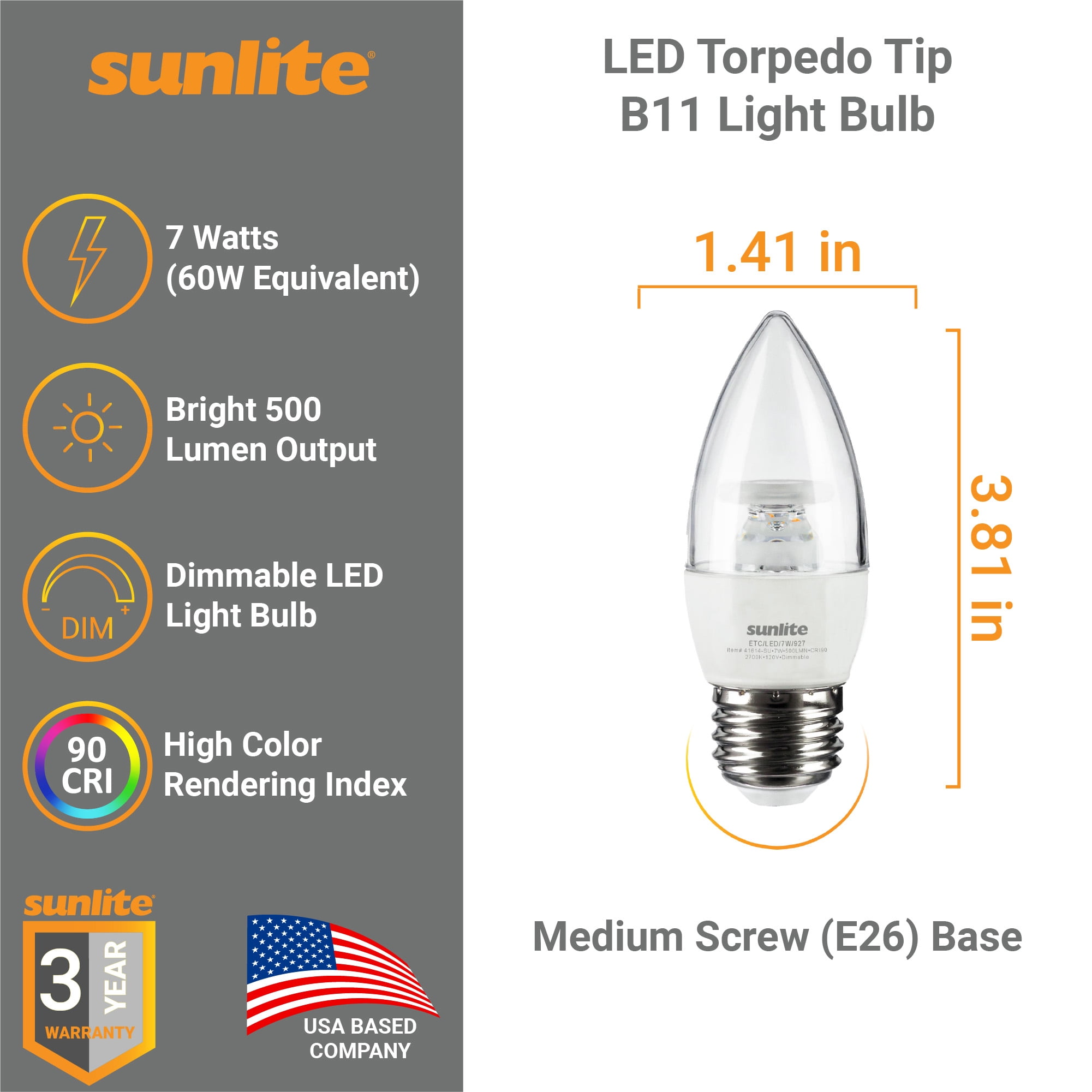 Sunlite LED Torpedo Tip B10 Clear Chandelier Light Bulb, 7 Watts (60W Equivalent), 500 Lumens, Medium Base (E26), 90 CRI, Dimmable, ETL Listed, 2700K Soft White, 6 Count